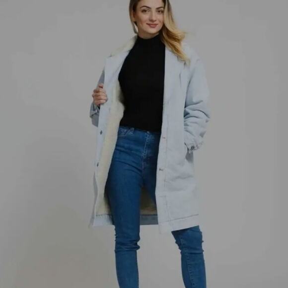 NWT Levi's Reversible Light Wash Denim Sherpa Long Line Heavy Coat Size S - Picture 3 of 5